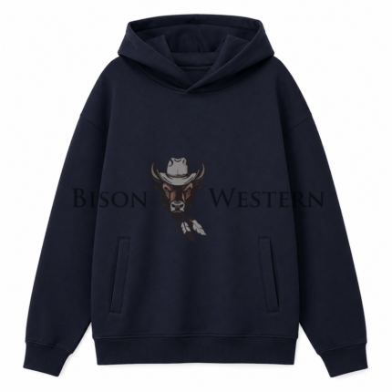 Men’s Navy Heavyweight Western Bison Graphic Pullover Hoodie