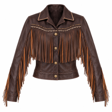 Women’s Dark Brown Cropped Western Fringe Jacket with Studded Trim