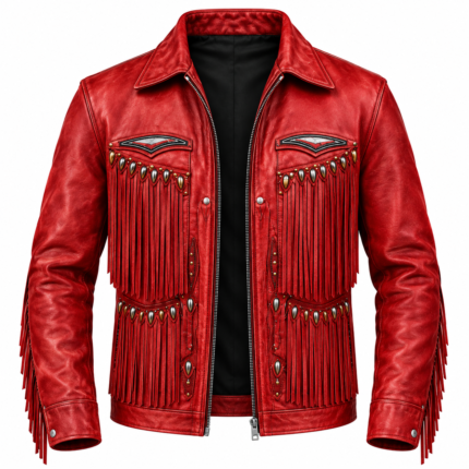 Red Western Fringe Jacket with Metallic Teardrop Studs