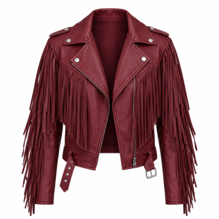 Women’s Burgundy Cropped Fringe Biker Jacket