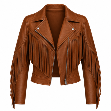 Women’s Cognac Brown Cropped Fringe Biker Jacket